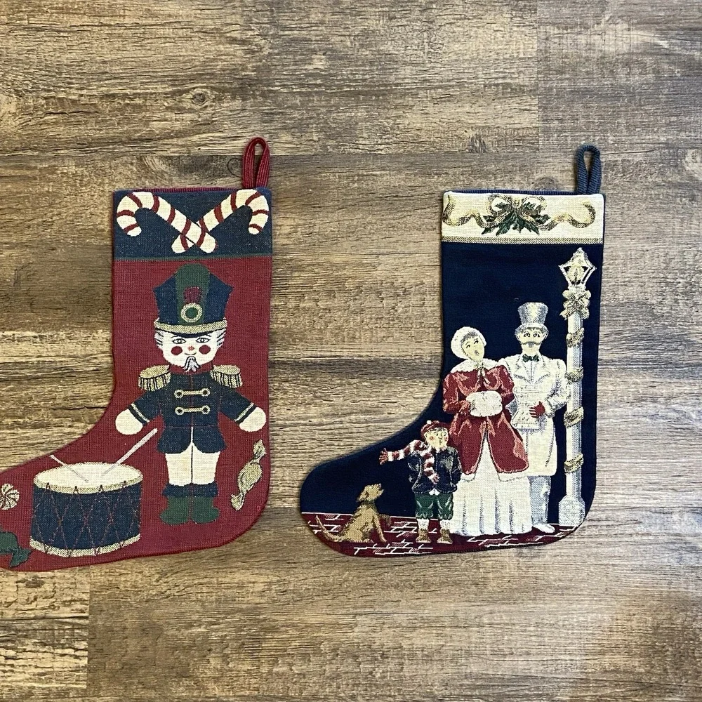 2 Vintage Needlepoint Christmas Stockings Decorations Mantle Decor